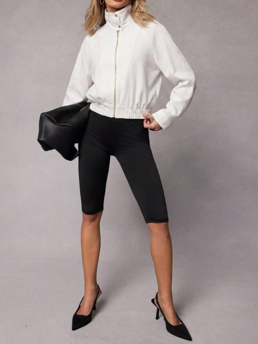 Ivory Button Collar Zip-Up Cropped Bomber Jacket - Picture 5 of 6